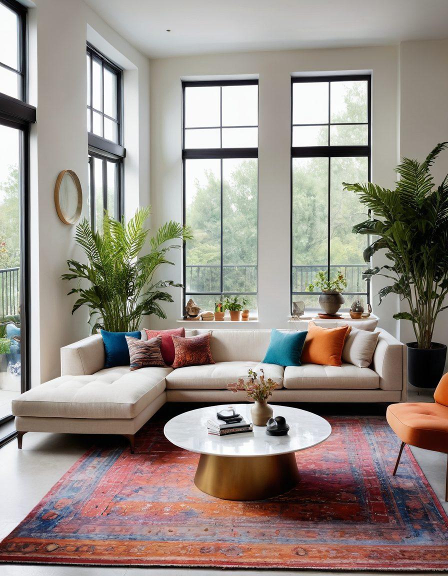 A modern and stylish living room showcasing innovative furniture designs, including a sleek sectional sofa, a unique coffee table, and vibrant accent chairs. Natural light streaming through large windows illuminates artistic wall decor and indoor plants, creating a cozy yet chic atmosphere. The floor is covered with a colorful area rug that ties the room together, highlighting a blend of textures and colors. super-realistic. vibrant colors. bright interior.