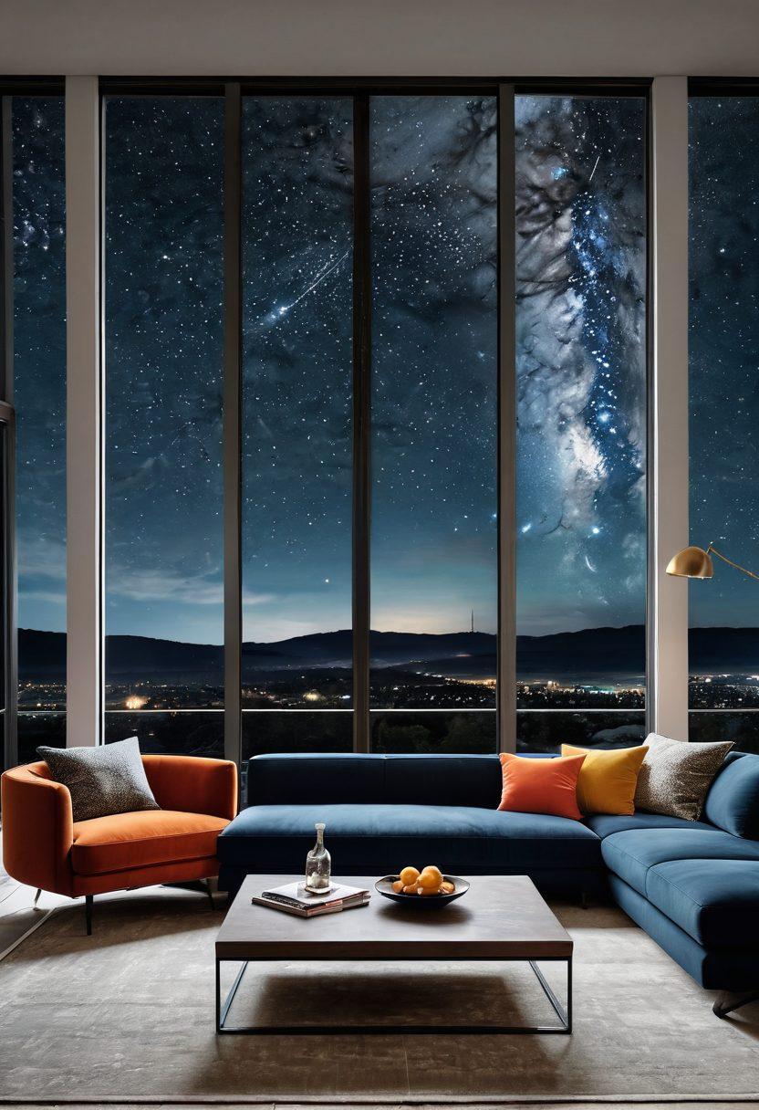 A stylish contemporary living room featuring sleek furniture, an elegant sofa, minimalist coffee table, and vibrant accent pieces, surrounded by a large window showcasing a starry night sky. The room should exude a sense of space mastery with a blend of modern and cozy elements, inviting readers to explore tips on furniture design. warm tones, super-realistic, vibrant colors.