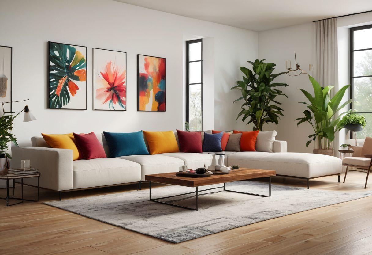 A modern, stylish living room featuring innovative furniture designs, such as a sleek modular sofa, a multifunctional coffee table, and contemporary art on the walls. Include cozy lighting and vibrant plants to enhance the space's aesthetic appeal. The scene should radiate a sense of comfort and sophistication, capturing the essence of modern home decor. super-realistic. vibrant colors.